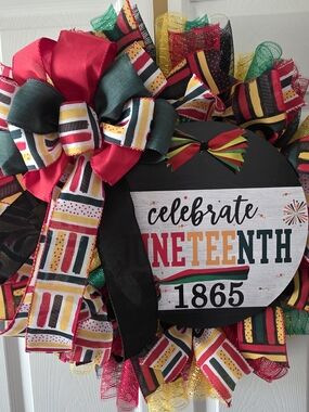Celebrate Juneteenth 1865 Black Ribbon Wreath - Red Green Yellow Accent